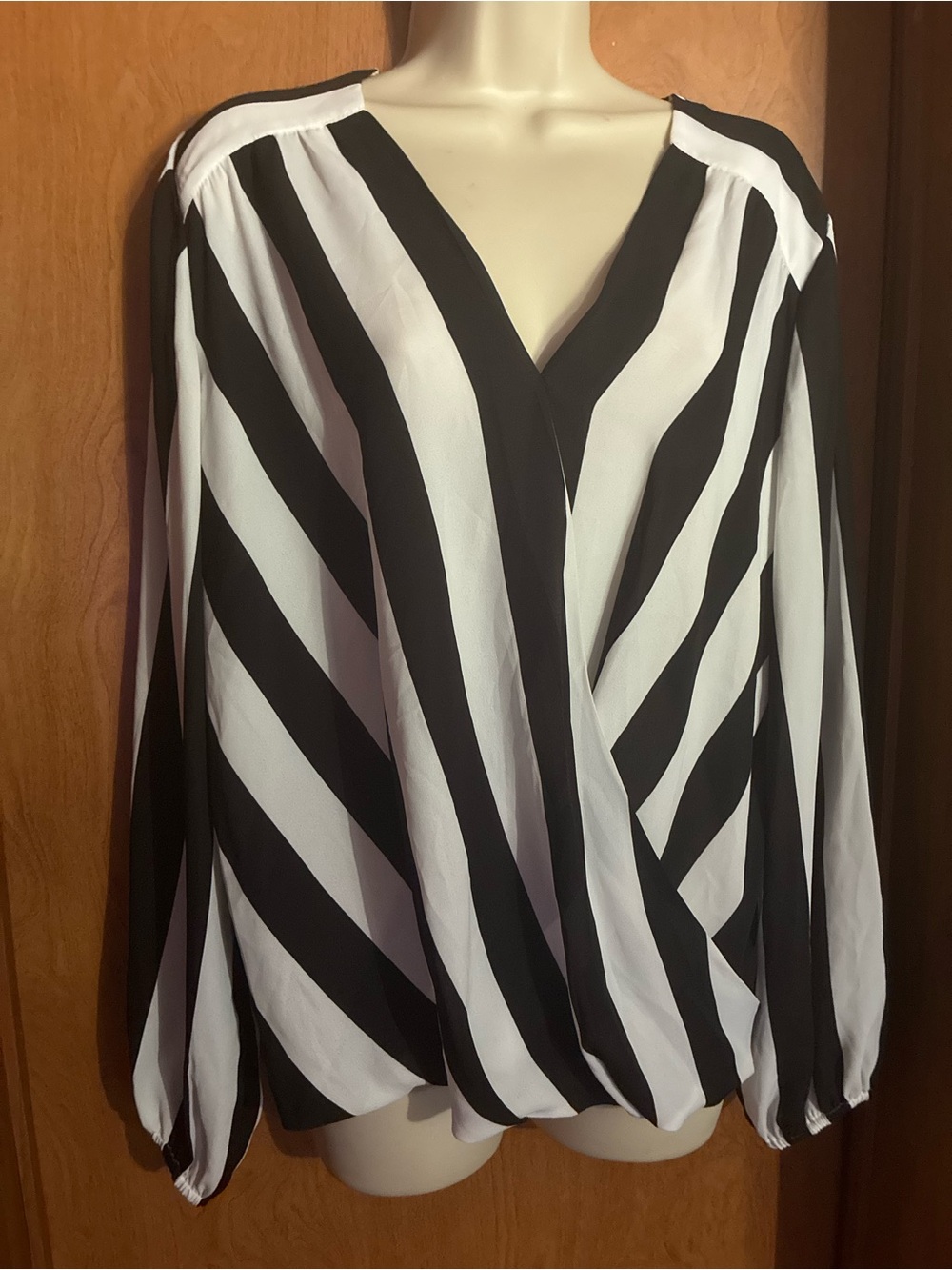 Black & White Striped V-Neck Blouse